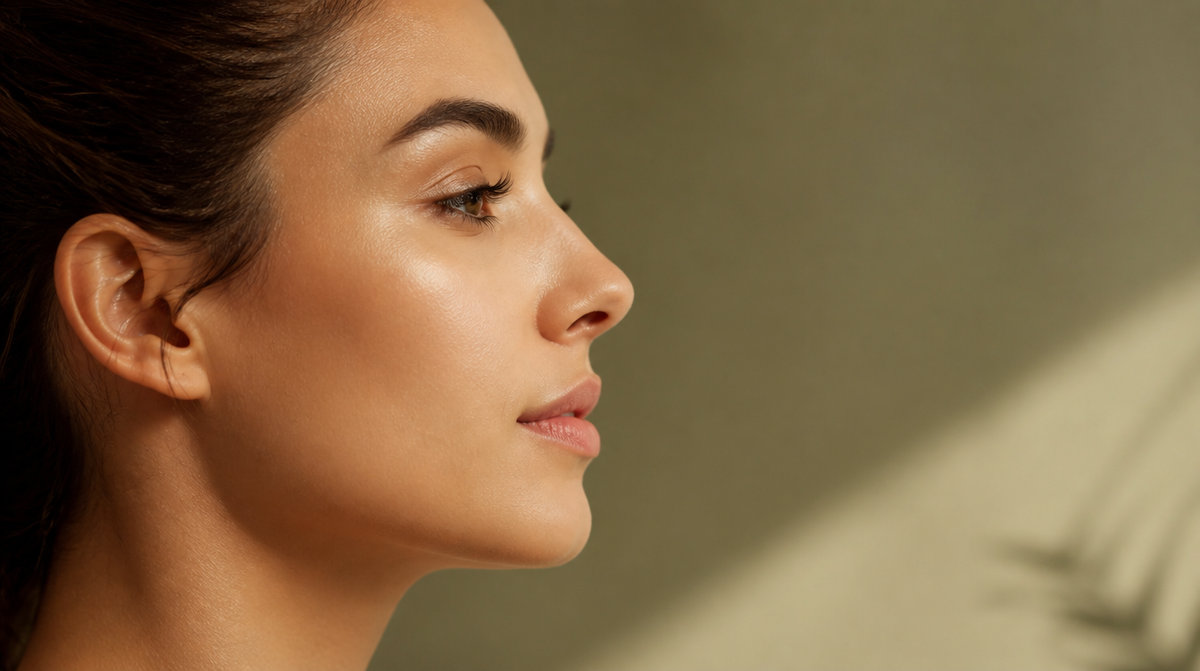 Potret close-up profil wajah dengan pencahayaan lembut, tema estetika hidung natural
