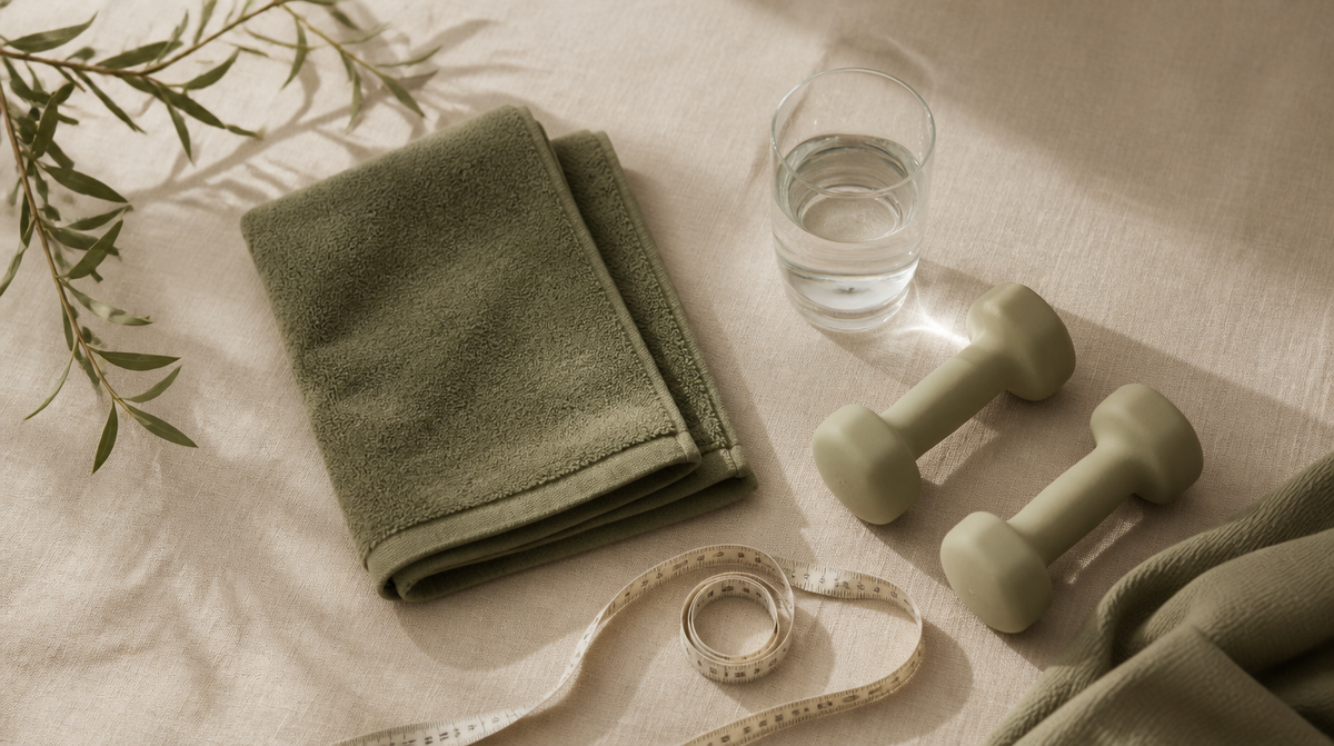 Handuk yoga, dumbbell ringan, segelas air, dan pita ukur di atas permukaan linen beige